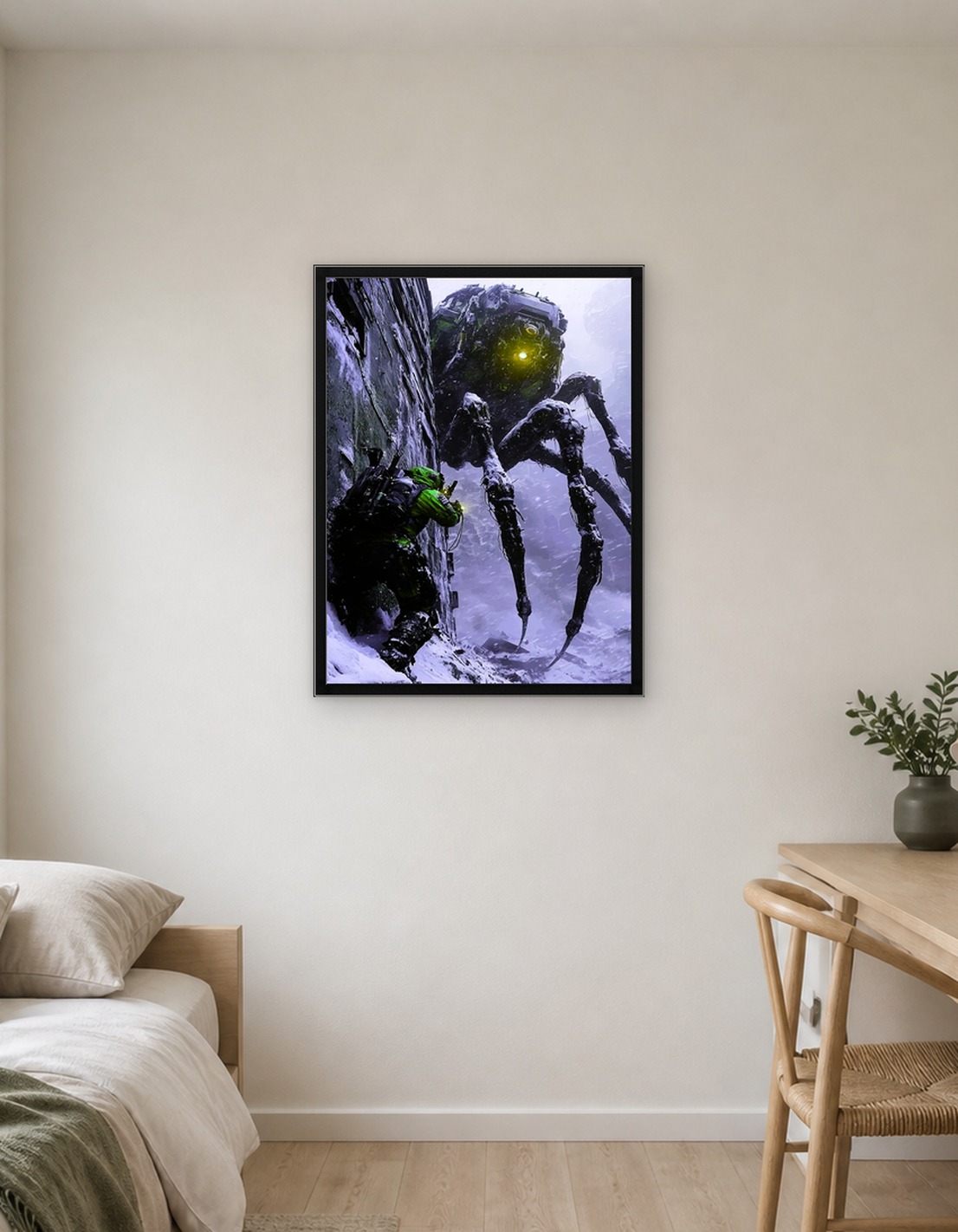Soldier confronts giant spider robot in snow