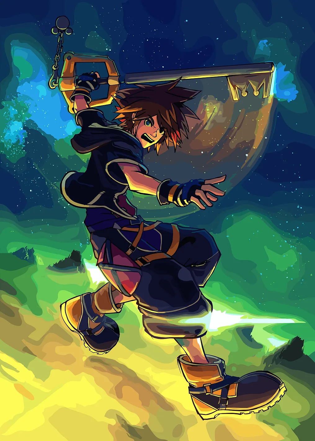 Sora with Keyblade in a Starry Sky