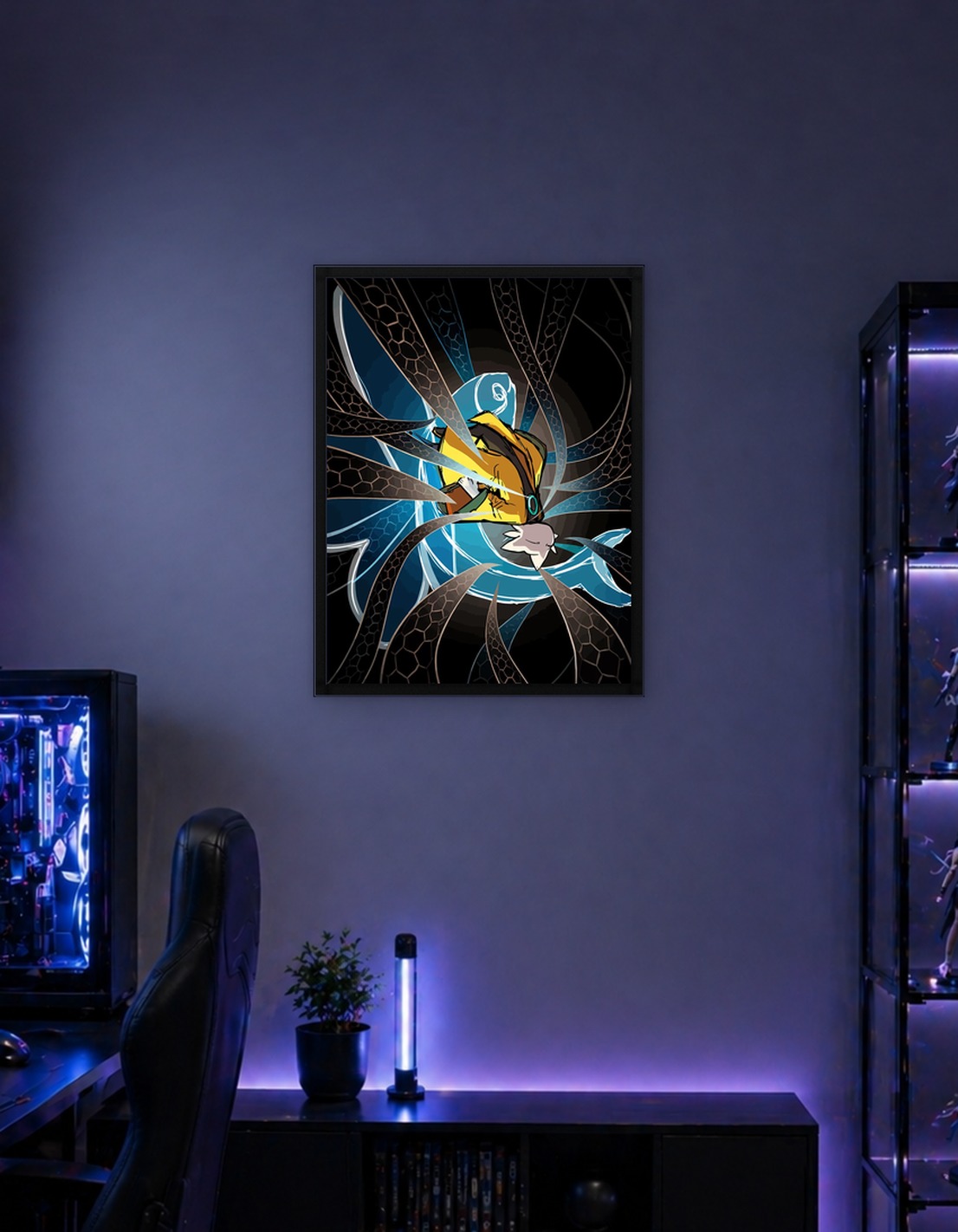 Stylized Character with Swirling Background