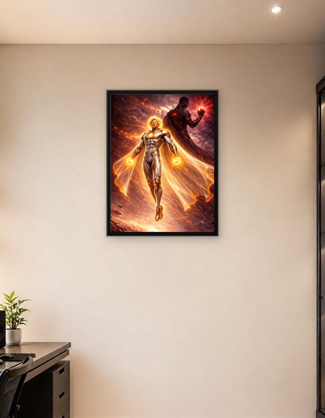 Superheroes Battling in Fiery Sky