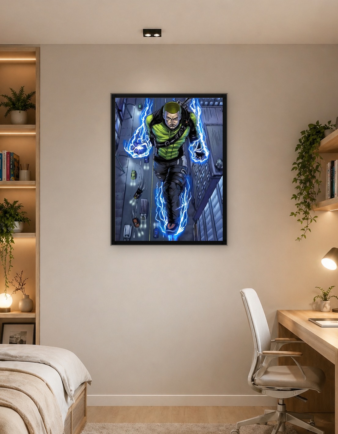 Superhero with Electric Powers in City