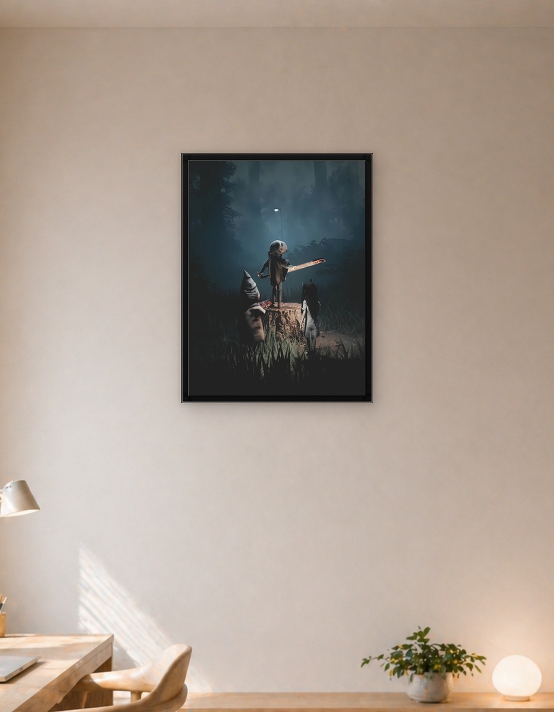 Three figures in a foggy forest