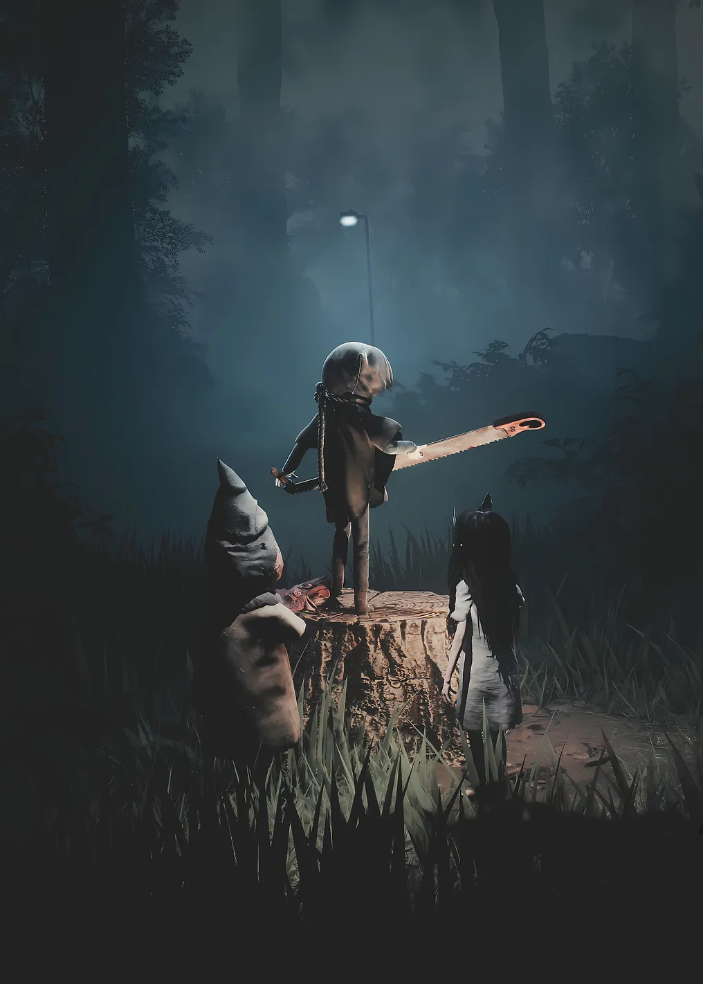 Three figures in a foggy forest