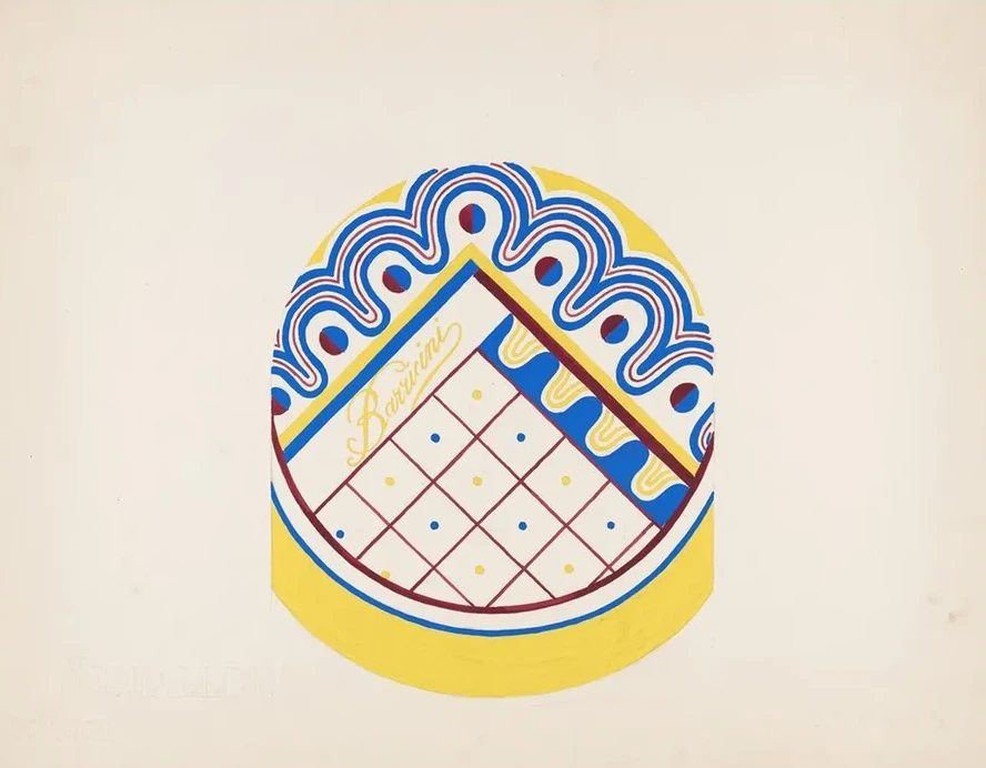 3 - D Study for Circular Box with Grid and Dotted Wavy Border in Blue, Red and Green