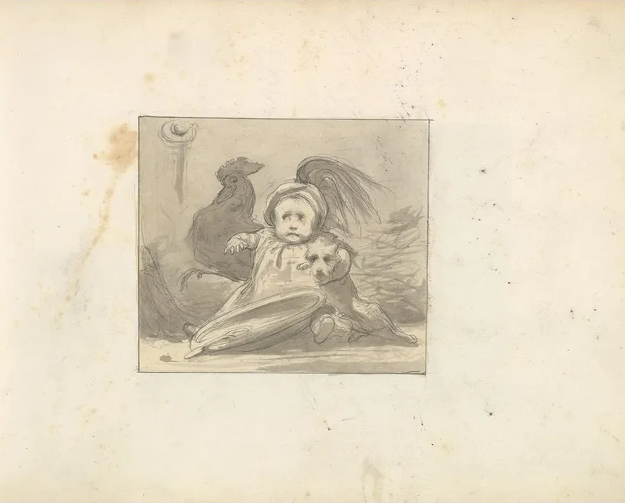 A Baby in 16th Century Dress with a Rooster and a Dog