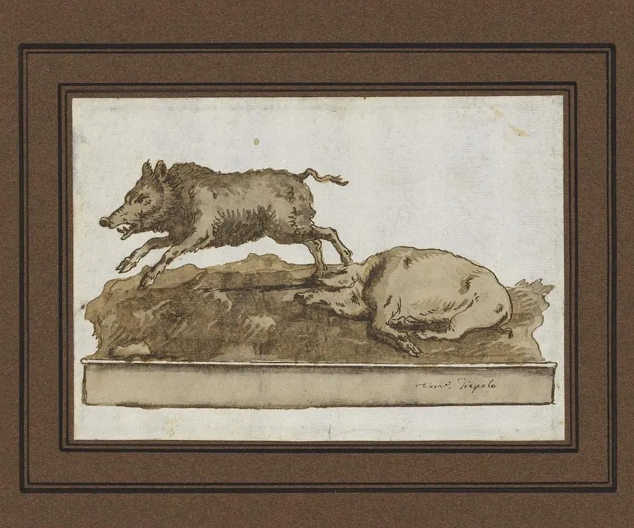 A Boar, Galloping to the Left, and a Sleeping Sow (on the Base)
