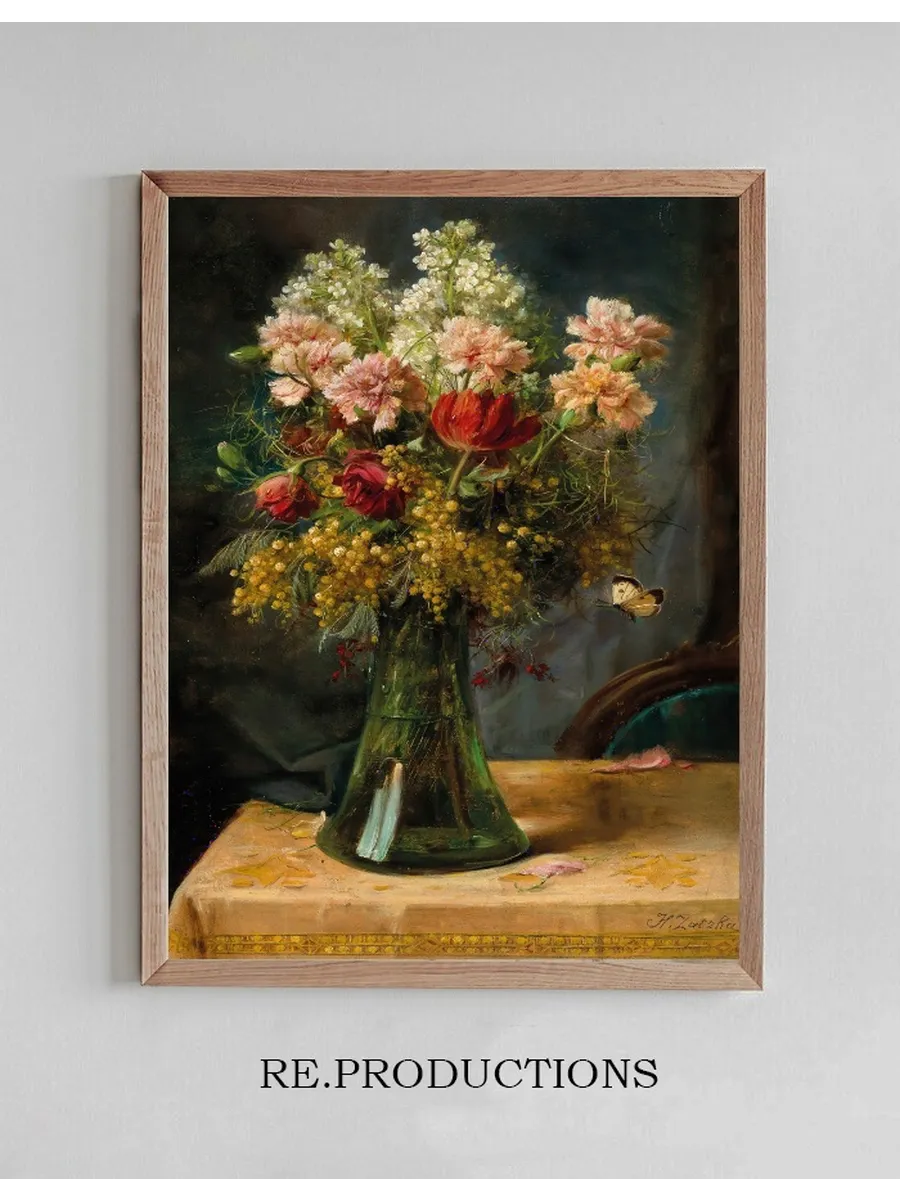 A Bouquet of Flowers with Tulips and Carnations in a Glass Vase with Butterfly