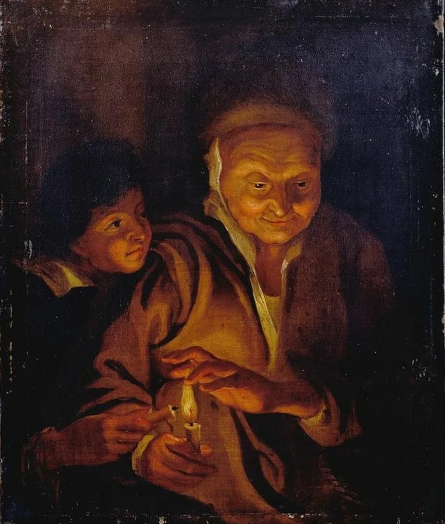 A Boy Lighting a Candle from One Held by an Old Woman