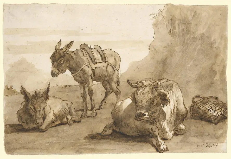 A Bull Lying Down, and Two Donkeys, in a Landscape