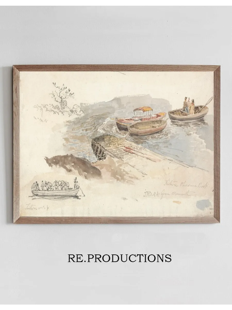 A Canopied Boat and Two Rowing Boats at a Jetty Inset Left, a Pencil Study of the Tintern Livestock Ferry - boat