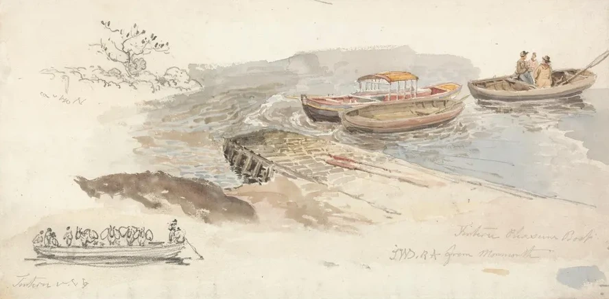 A Canopied Boat and Two Rowing Boats at a Jetty Inset Left, a Pencil Study of the Tintern Livestock Ferry - boat