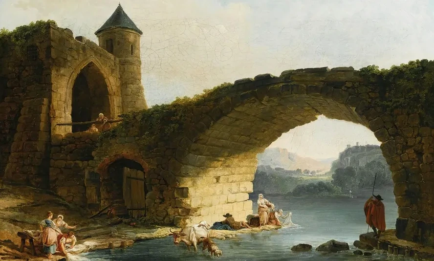 A Capriccio River Landscape With Washerwomen Near A Ruined Bridge