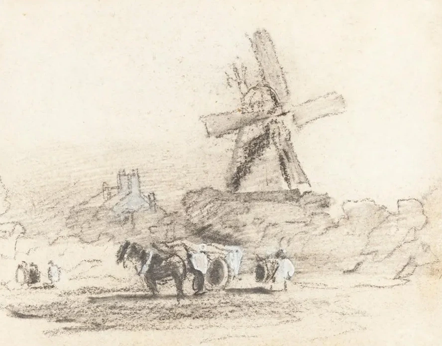 A Cart with Two Horses near a Windmill