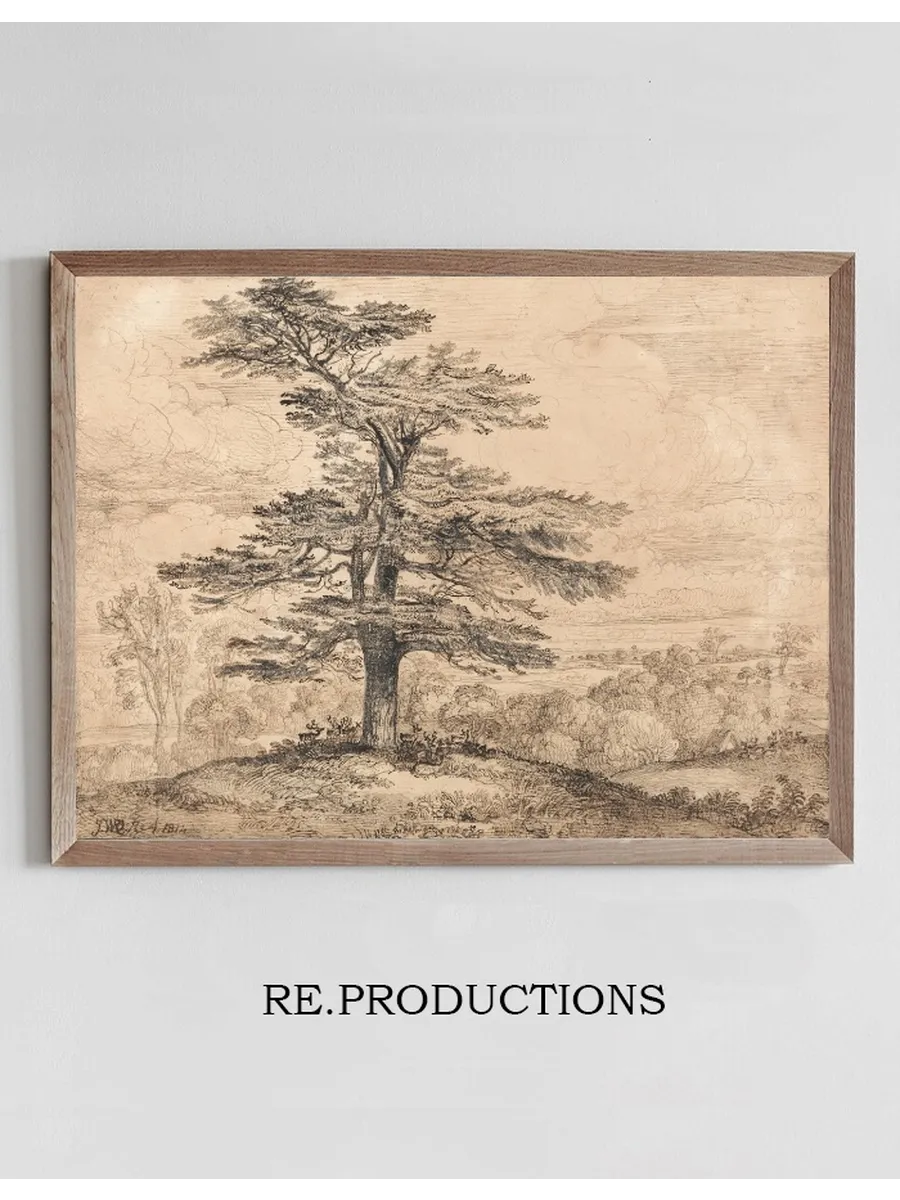 A Cedar on a Rise with a Herd of Deer Grouped Beneath its Shade