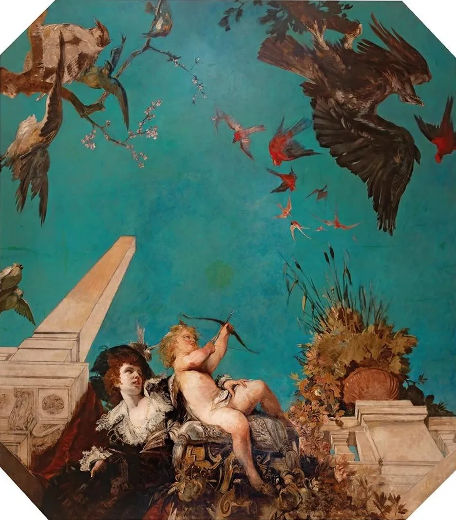 A Ceiling Painting, Society Lady With Cupid In A Garden Landscape