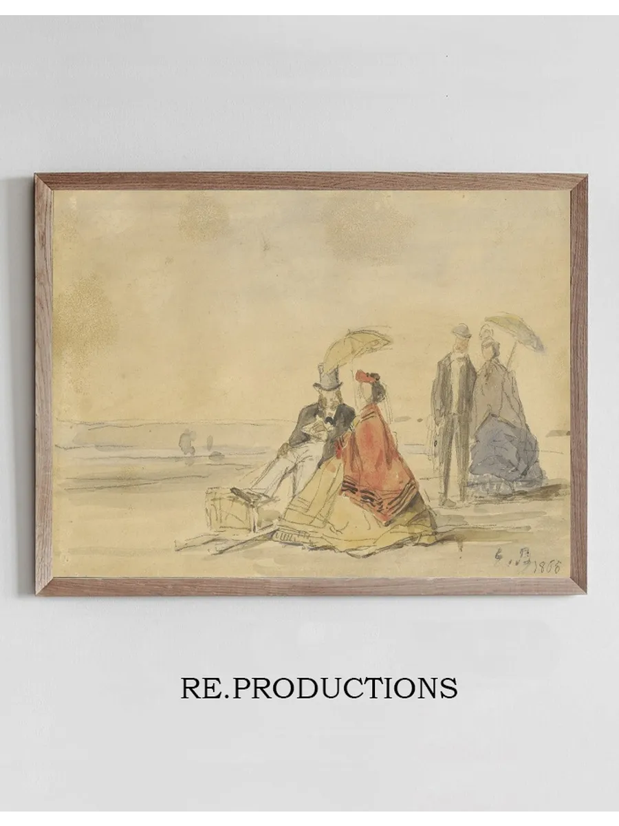 A Couple Seated and a Couple Walking on the Beach