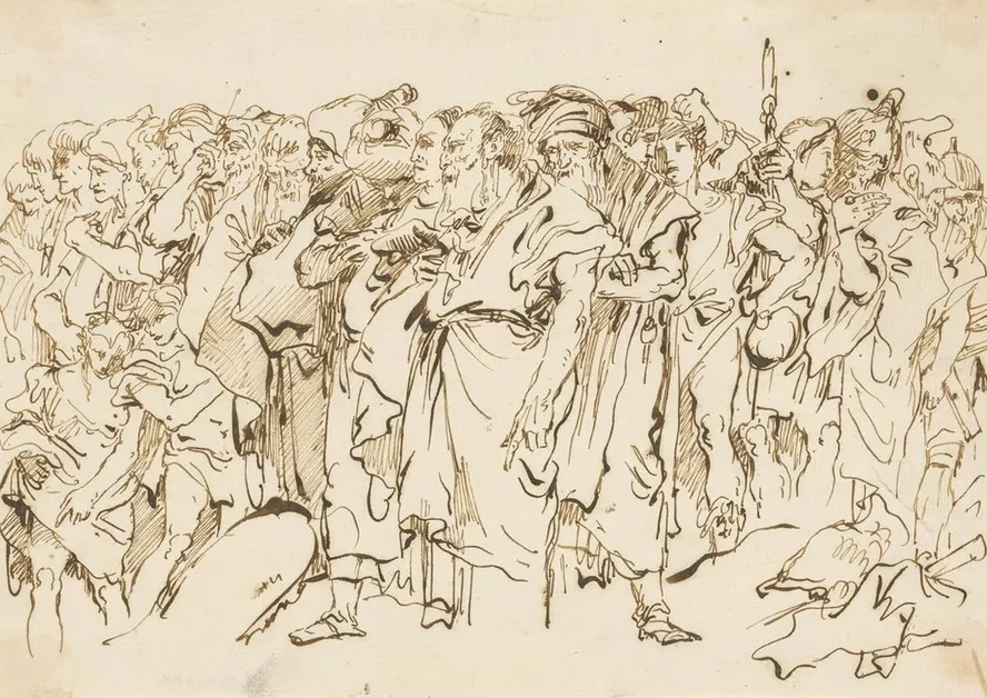 A Crowd of Ancient Warriors, Orientals, and Two Boys, Gathering for a Sacrifice
