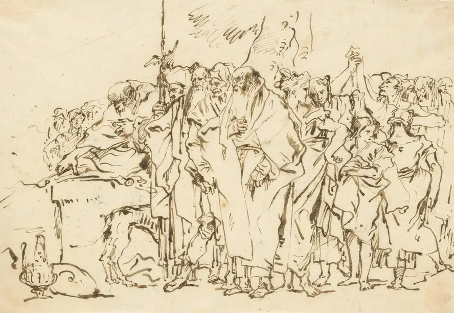 A Crowd of Persons in Antique Roman or Oriental Dress, Gathering at a Pagan Altar