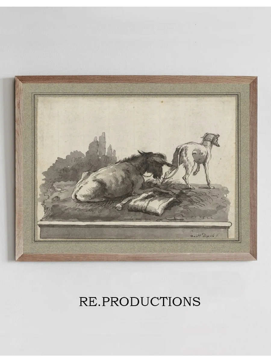 A Donkey Lying on the Grass, with an Italian Greyhound (on a Base)