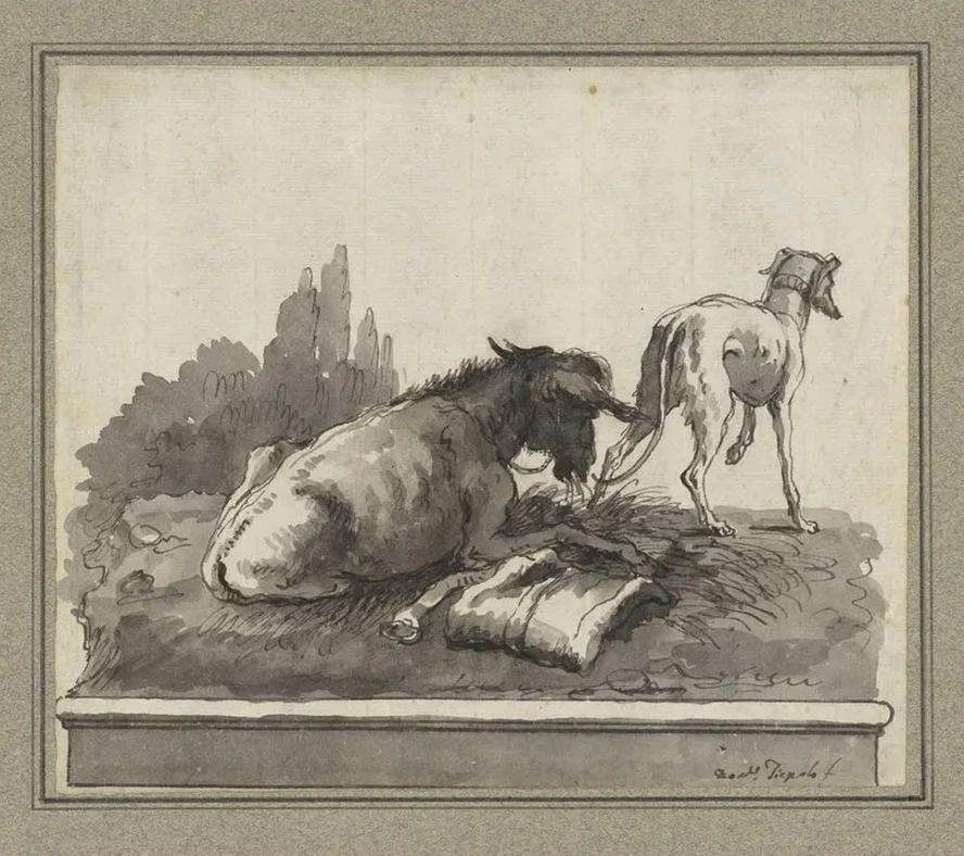A Donkey Lying on the Grass, with an Italian Greyhound (on a Base)