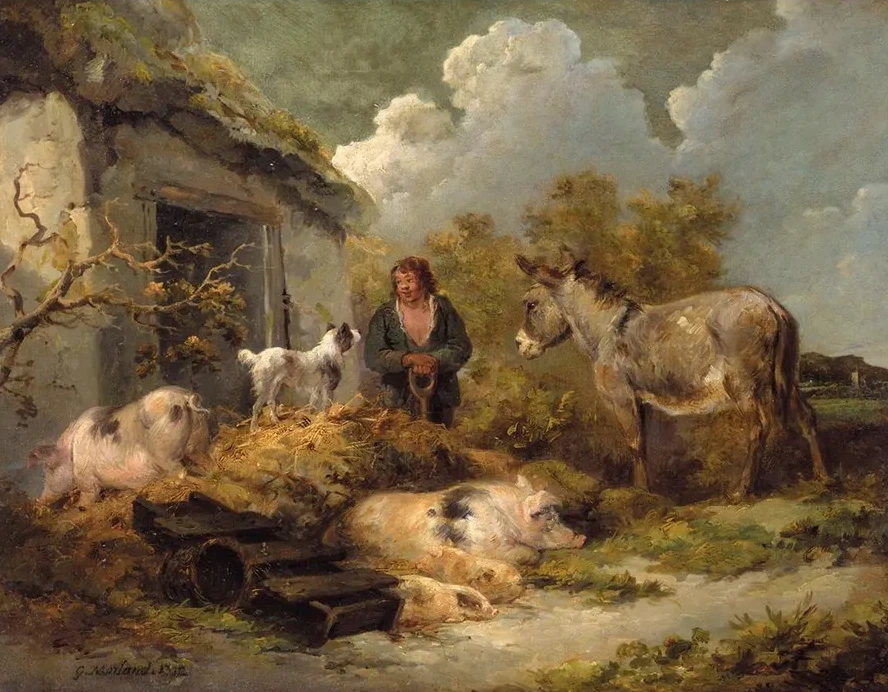 A Farm Boy With a Donkey, Pigs And a Sheep Dog