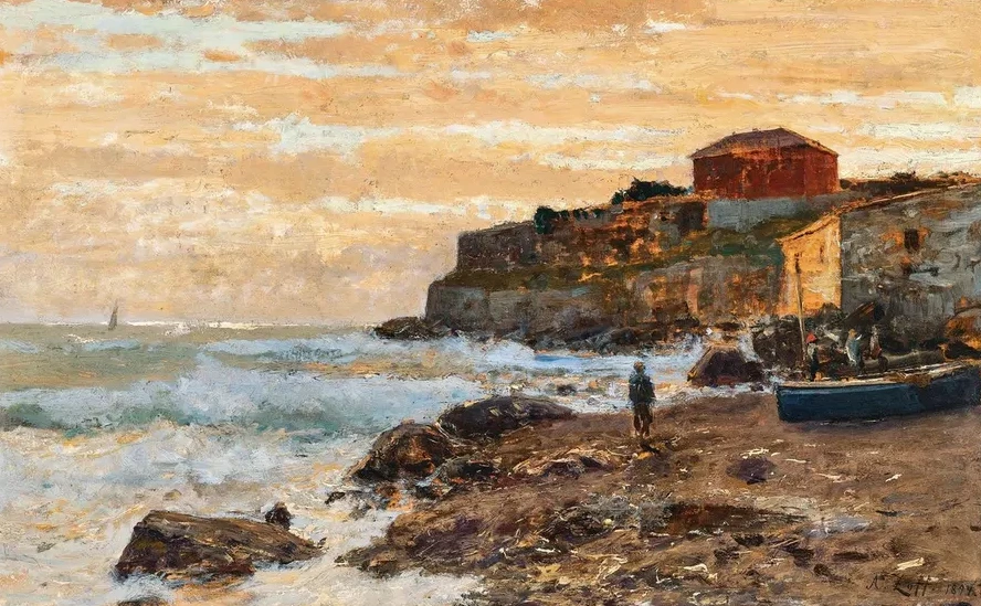 A Fishing Boat on the Beach at Sunset