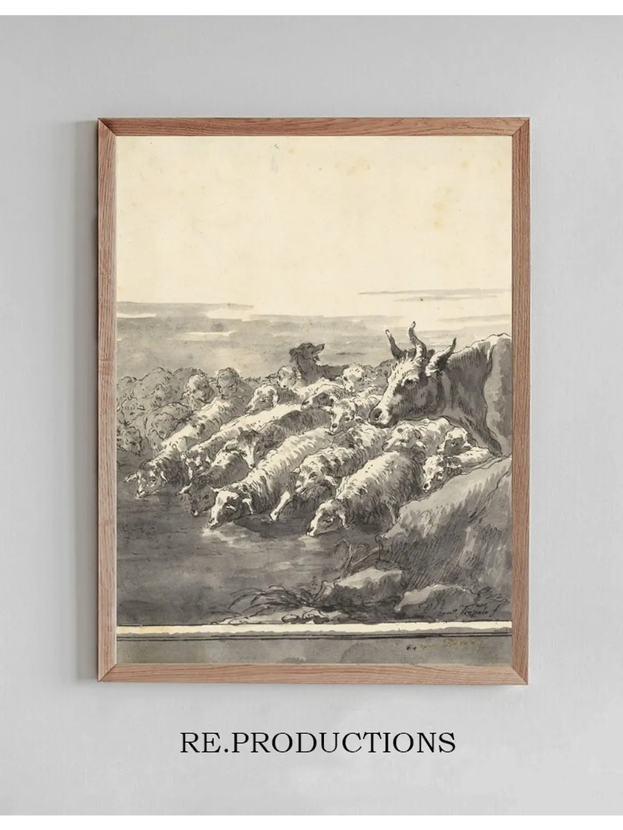 A Flock of Sheep Drinking at a Pool, with a Bullock and a Dog