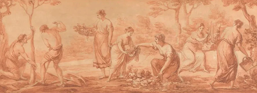 A Frieze Men Planting Trees, Women Gathering Blossoms and Watering Flowers