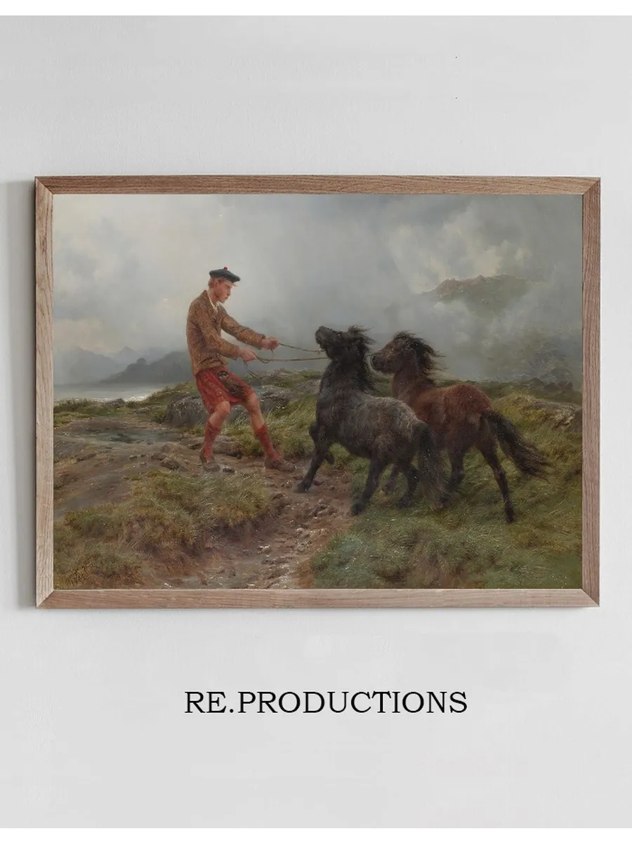 A Ghillie And Two Shetland Ponies In A Misty Landscape