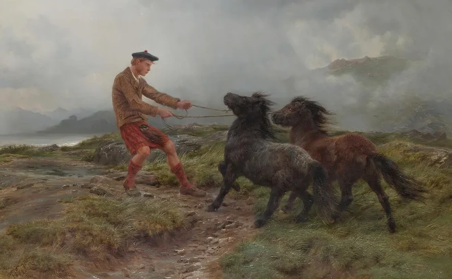 A Ghillie And Two Shetland Ponies In A Misty Landscape