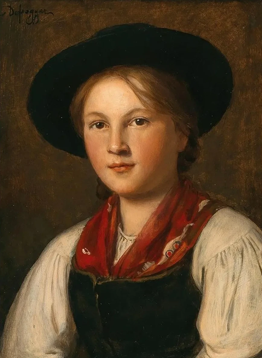 A Graceful Young Girl in Traditional Costume with a Hat
