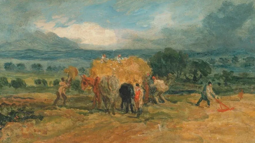 A Harvest Scene with Workers Loading Hay on to a Farm Wagon