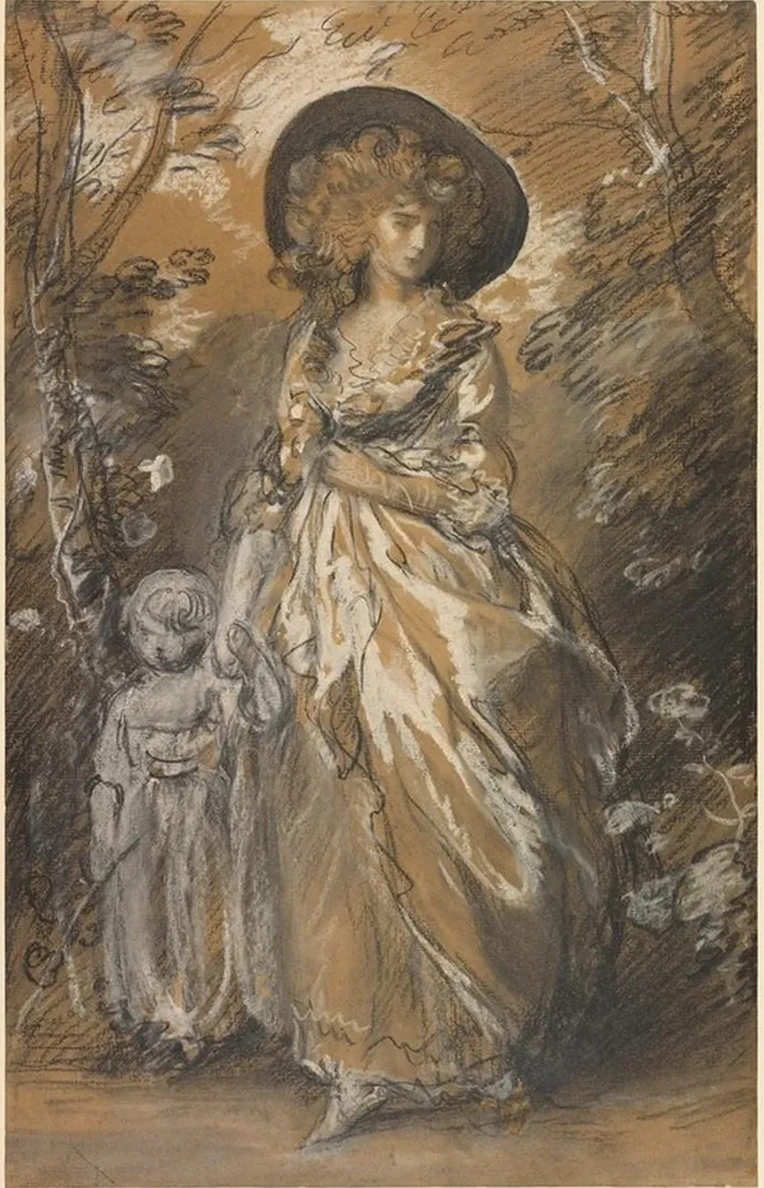 A Lady Walking in a Garden with a Child