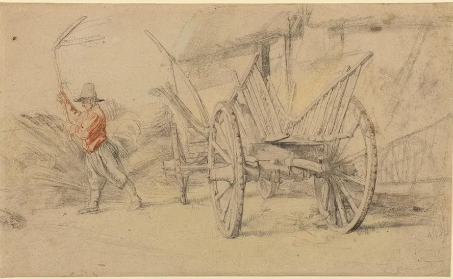 A Man Threshing Beside a Wagon, Farm Buildings Behind