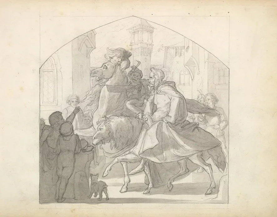 A Man and a Monkey Riding on Horseback