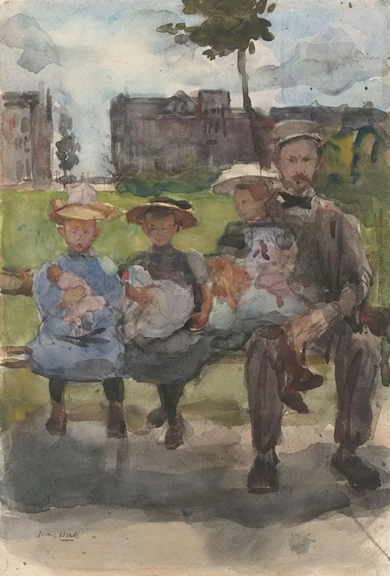 A Man with Three Girls on a Bench in the Oosterpark in Amsterdam
