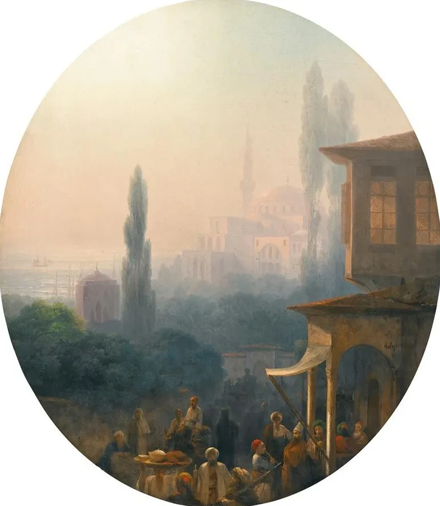 A Market Scene In Constantinople, With The Hagia Sophia Beyond
