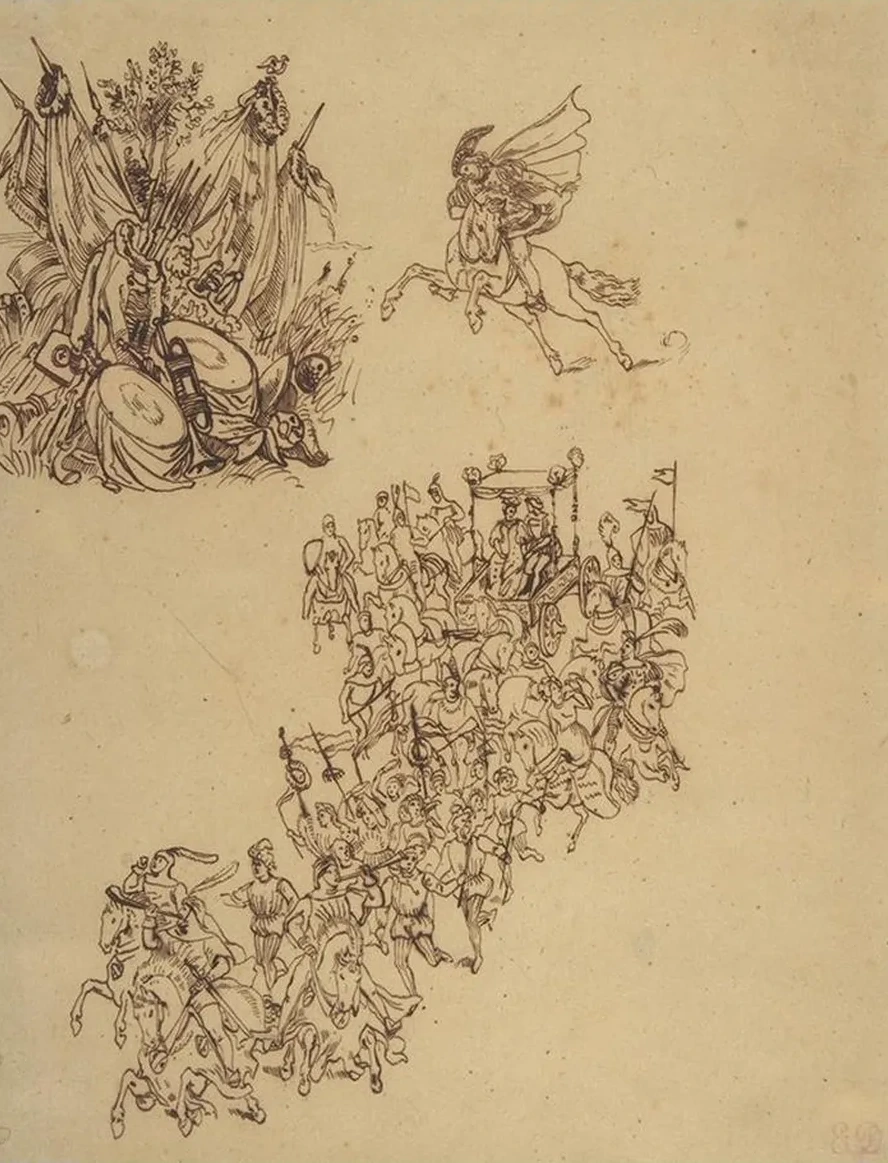 A Marriage Procession in Sixteenth Century Dress a Cavalier and a Trophy of Arms