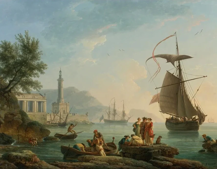 A Mediterranean Harbor At Sunset With Fisherfolk At The Water's Edge, A Lighthouse And A Man Of War At Anchor