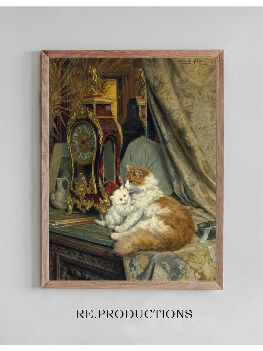 A Mother Cat and her Kitten with a Bracket Clock