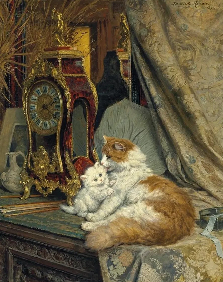 A Mother Cat and her Kitten with a Bracket Clock