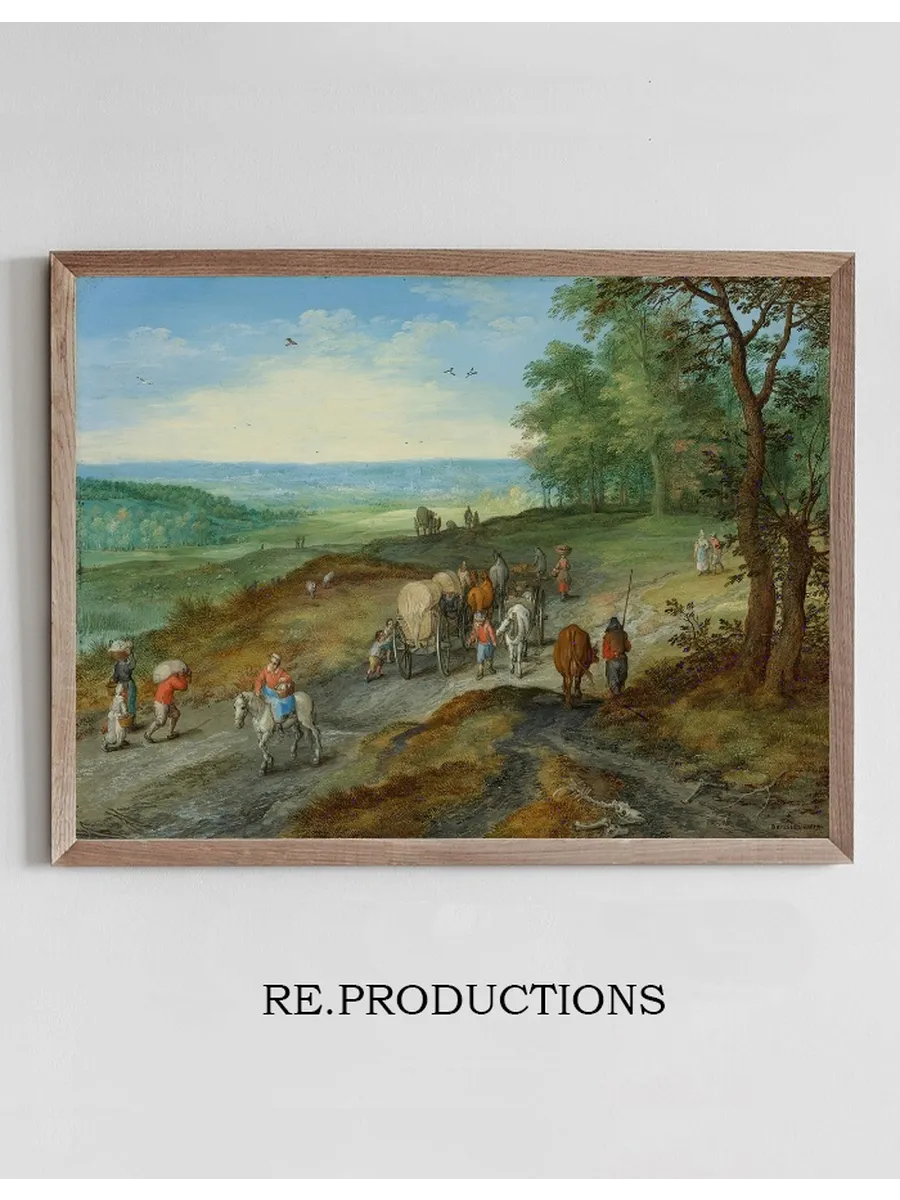 A Panoramic Landscape With A Covered Wagon And Travelers On A Highway