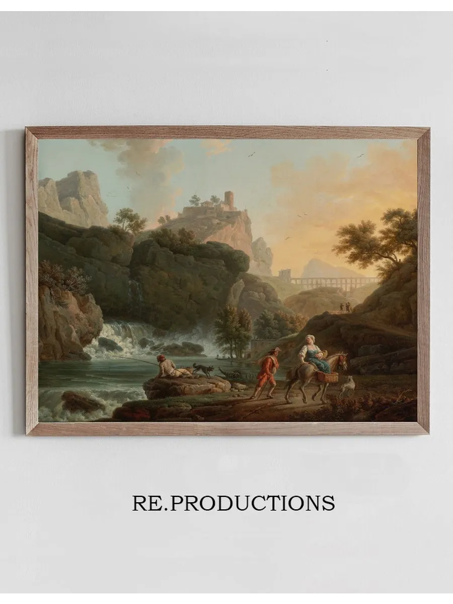 A Rocky Landscape With Afisherman And Travellers By A River With A Waterfall, An Aqueduct In The Distance