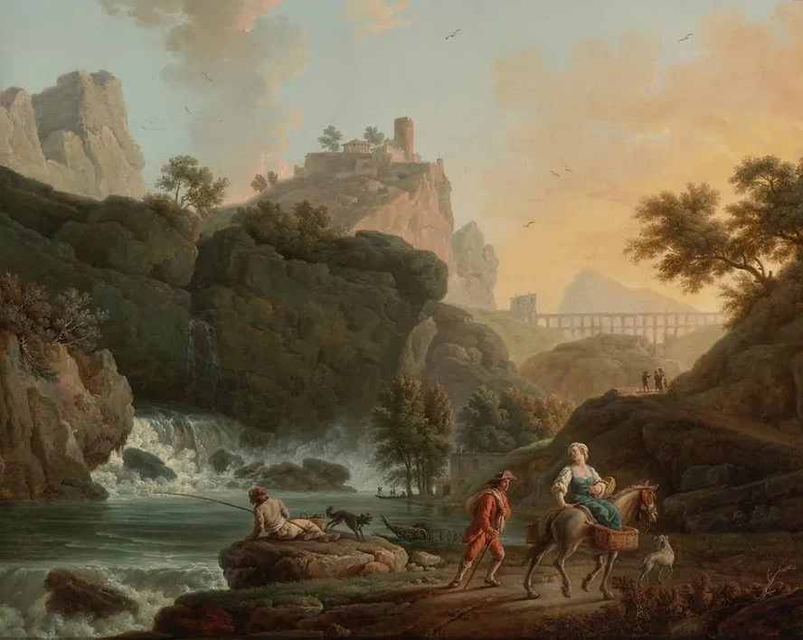 A Rocky Landscape With Afisherman And Travellers By A River With A Waterfall, An Aqueduct In The Distance