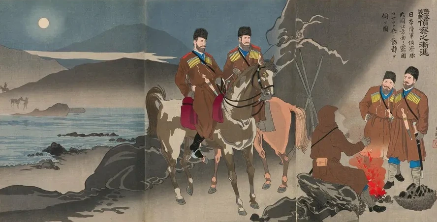 A Scouting Party of the Japanese Army Observing the Movements of Russian Cossack Soldiers across the Daedong R