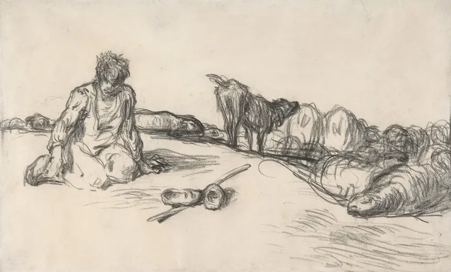 A Seated Shepherd with His Dog and Sheep
