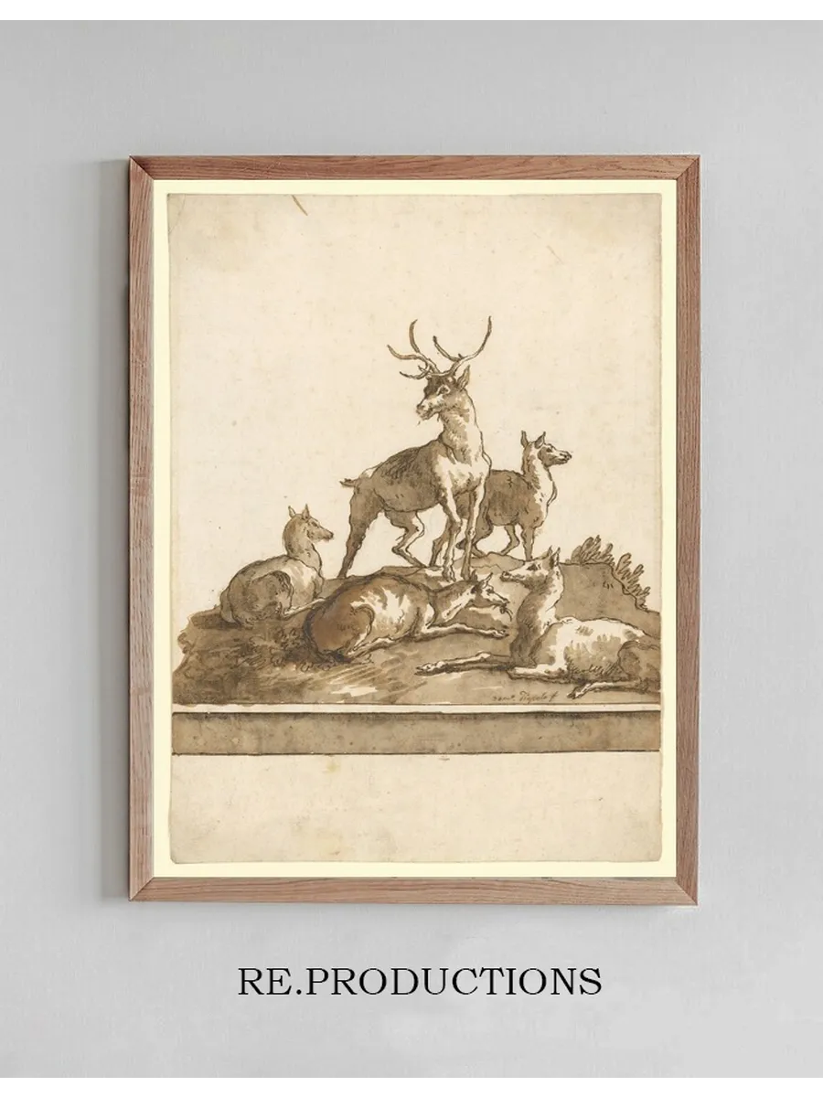 A Stag and Four Hinds on a Grassy Knoll (with Base)