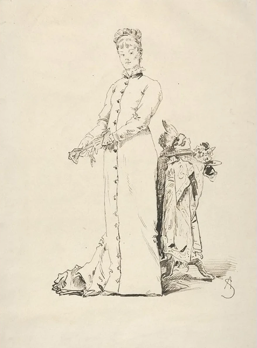 A Standing Young Lady Taking Off Her Gloves