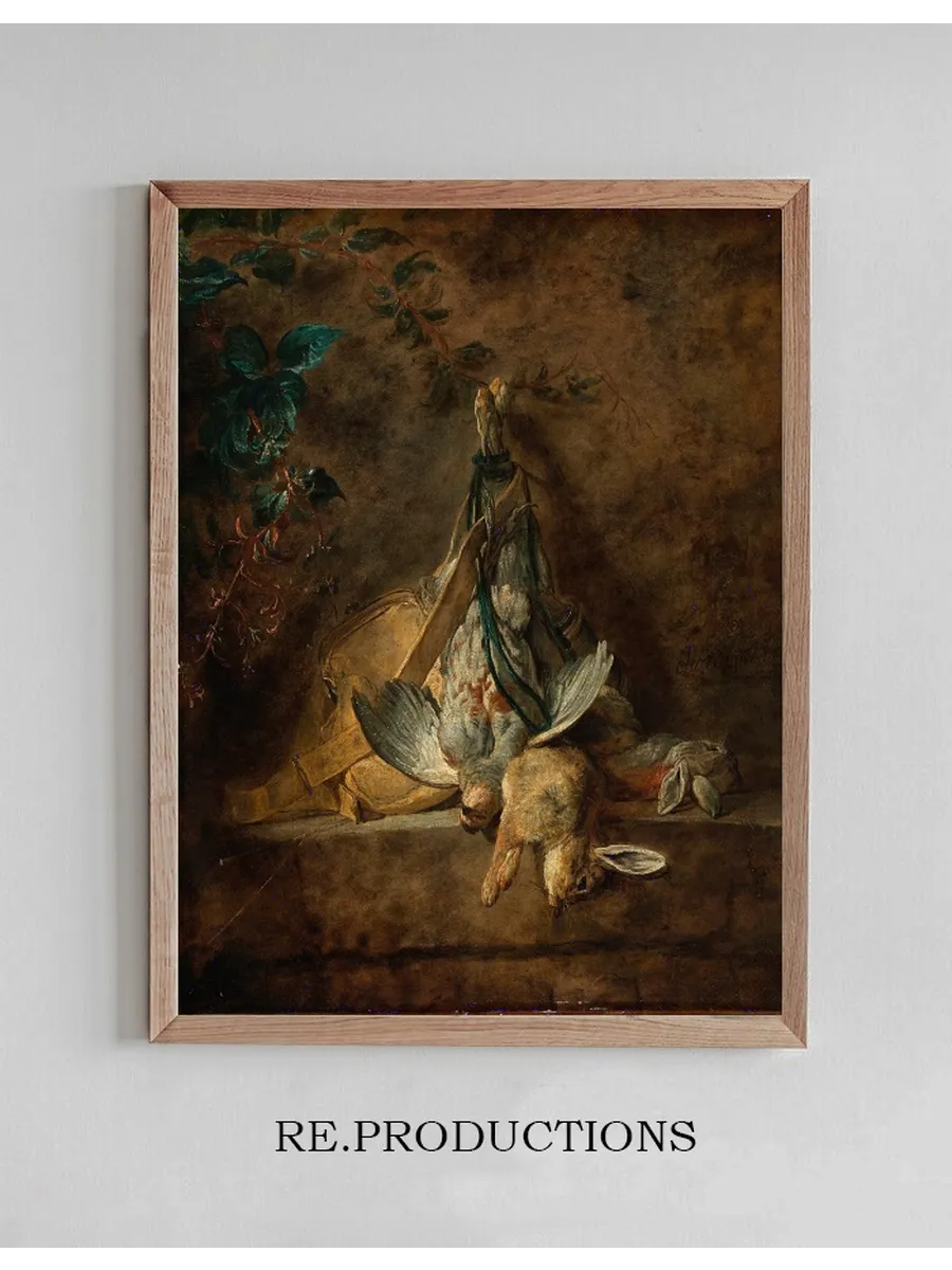 A Still Life Two Rabbits, a Grey Partridge, Game Bag and a Powder Flask