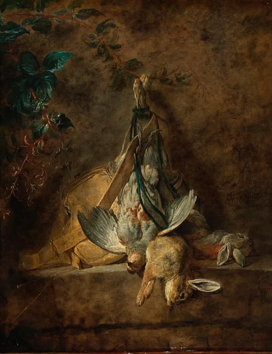 A Still Life Two Rabbits, a Grey Partridge, Game Bag and a Powder Flask